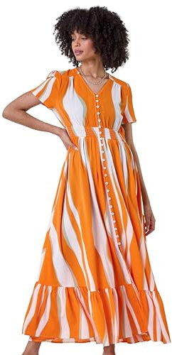 Roman Originals Shirred Empire Waist Dress for Women UK Ladies Midi Maxi Summer Spring Tiered Frill Hem Short Sleeve V Neck Button Through Boho Bohemian Holiday Cruise - Orange White - Size 10
