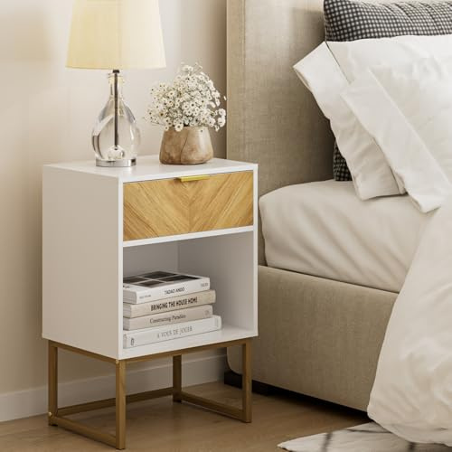HEYZOEY® Bedside Table with Drawer and Large Shelf, 15.7 Wide Nightstand, Modern Bedside Cabinet Table for Bedroom, Living Room, Office (15.7 × 11.8 × 23.6, White)
