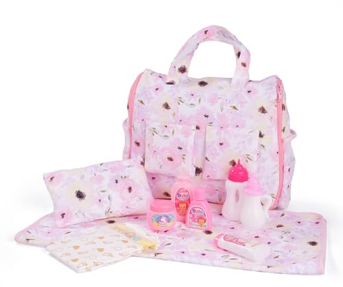 BABESIDE 10 Pcs Baby Doll Diaper Bag Set, Reborn Baby Doll Accessories Set with 2-in-1 Diaper Bag Changing Pad and Baby Dolls Bath Set for Kids Pretend Play Toys, Pink