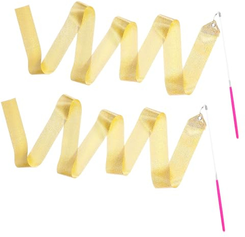 Abeillo 2pcs Rhythmic Dance Ribbons, 78.7 Inch Gymnastics Ribbon Dancer Wand Dancing Ribbon Streamers for Kids, Fits Artistic Dancing Gymnastics, Circus Carnival Shows, Baton Stick Twirling (Gold)
