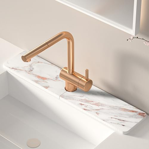 Volminex Kitchen Sink Faucet Mat, Diatomaceous Earth Quick Dry Sink Splashback Drying Mat, Kitchen Faucet Super Absorbent Mat, Quick-Drying Water Absorbing Stone Tray (Rose Gold Marble, 15.7 x 3.9)