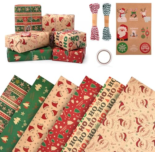 Yesaler Reciclable Papel de Regalo Kraft Navidad con de envoltura navideña con etiquetas de regalo cuerda de cáñamo cinta para Navidad Año Nuevo Fiesta