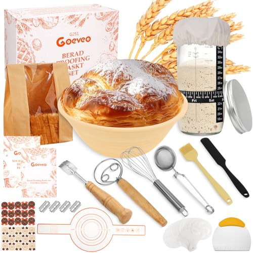 Goeveo Kit de démarrage au levain, 16 paniers à pain de 650 ml, pot de levain, suivi du temps d'alimentation, accessoires de cuisson, cadeaux pour boulangers