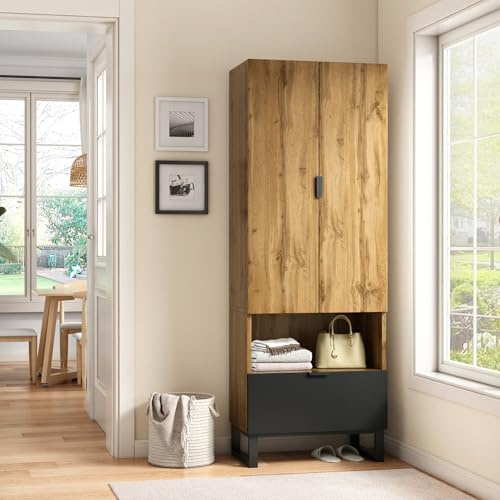 Set di cassetti, guardaroba compatto con ripiani regolabili e asta appendiabiti, set con 2 ante e maniglia, per corridoi e ingresso, 180 x 65 x 38 cm, legno e nero