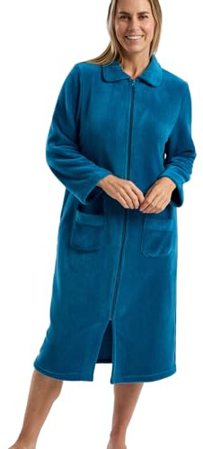 Marlon Ramona Robe de chambre confortable en polaire corail pour femme - Robe douce et chaude avec fermeture à boutons ou à glissière, col Claudine et poches, Bleu Sarcelle avec fermeture, 44-46
