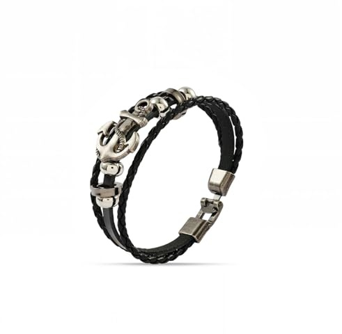 GOLD TROVE Black Braided Leather Bracelet with Stainless Steel Anchor Charm | Hook Clasp Wristband | Lightweight Nautical Style | Modern Minimalist Accessory | 8 Inch