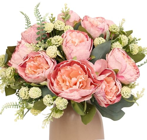 KP HOME Mazzo di Peonie Artificiali in Seta Tocco Reale - Fiori Finti Per Decorazioni con 12 Capolini Rosa, Steli H 28 cm - Composizione per Interni ed Esterni, Tavola, Matrimoni, Eventi o Cimitero