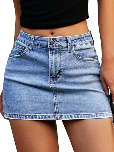 ELLEVEN Denim Mini Skirt for Women Low Waisted, High Stretch Bodycon Jean Skirt with Shorts Underneath Casual Summer Cute Jean Skorts with Pockets Blue Denim Medium