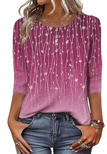 Zeagoo T-shirt för damer, med 3/4-ärm, tröja med rund hals, basic topp, Henly till sommaren, ledig, lätt och lång, storlek S–XXL