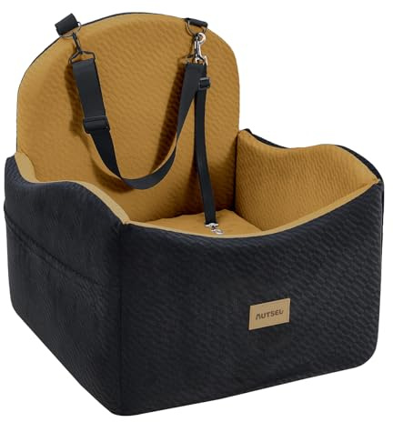 Autsel Asiento de Coche para Perros Medianos y Pequeños – Elevador Impermeable y Lavable con Arnés, Bolsillos y Base Antideslizante, para Asiento Trasero o Delantero, Negro-Marrón