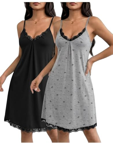 Ekouaer Camicia da Notte Donna Estiva Sexy Spalline Sottili Indumenti da Notte in Pizzo Babydoll Senza Maniche Sottoveste Lingerie Fiocco Grigio+Nero M