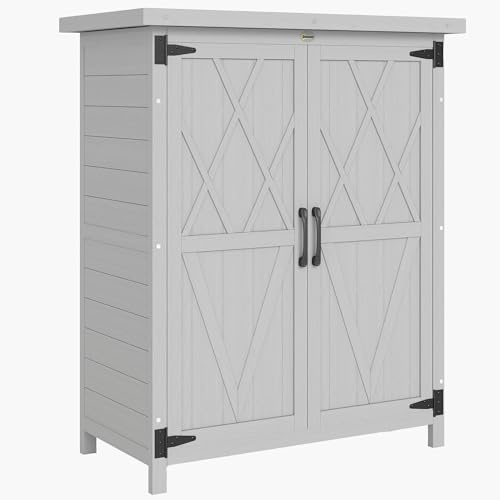 Outsunny Abri de Jardin Armoire de Jardin pour Outils 75L x 40l x 90H cm 3 étagères 2 Portes Toit en Asphalte imperméable Bois de Sapin Gris