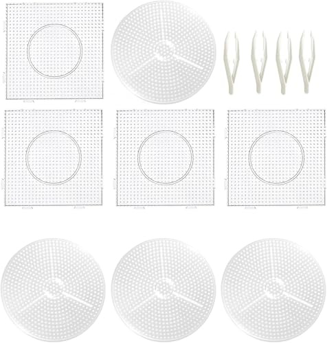 Foonary 8 unidades de cuentas transparentes para planchar de 5 mm – 4 plantillas cuadradas y 4 redondas, 4 pinzas de plástico, plantillas de cuentas para planchar transparentes, para niños y adultos