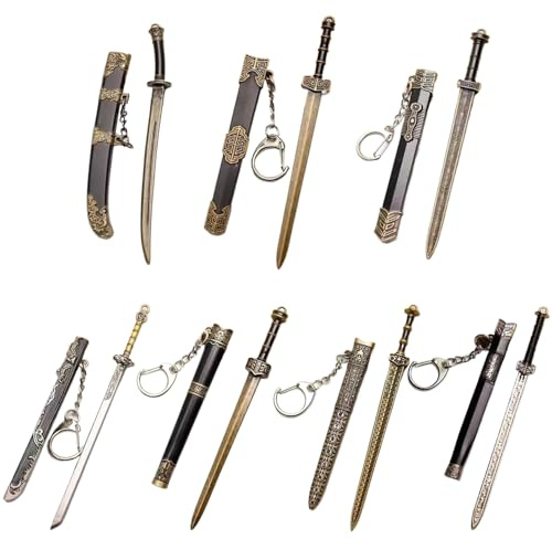 7 llaveros de Mini Espada, Llavero de Espada China Antigua de 12 cm, Modelo de Hoja sin Cortar de aleación de Zinc con decoración de patrón de Vaina Antigua para Hombres y Mujeres