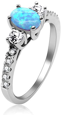 Uloveido 2,16g 925 Sterling Silber Geburtsstein Ring Oval Cut Erstellt Blauer Feueropal mit rundem klarem CZ Akzent Luxus Hochzeit Engagement Schmuck für Frauen Größe 52 (16.6) JZ104