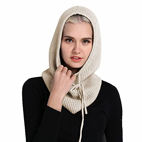 Facecozy Mütze Damen Winter, Strickmützen Warme Kapuzen Schal für Frauen Sturmhauben Beanie Wintermützen (Beige)