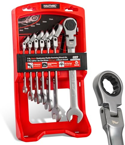HAUTMEC 7-Piece Flex Head Ratchet Spanner Set, Ratcheting Combination Wrench Set with 72-Tooth 5° Swing Arc, 180° Pivoting Head, Metric 8-19mm, CRV Steel Mechanics Tools for Mechanics, Auto Repair