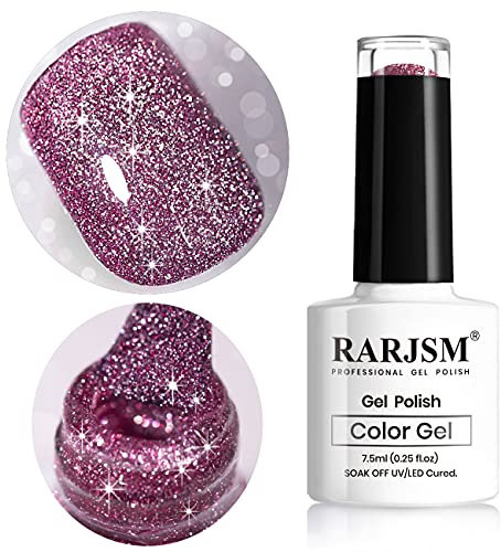 RARJSM Glitter Gel Nail Varnish Shiny Pigments Rose Red Shimmer Sparkle Nail Polish Requires Drying Under UV LED Lamp for Women Spring Summer Nail Beauty Art Design Salon DIY Home 1Piece 7.5ML