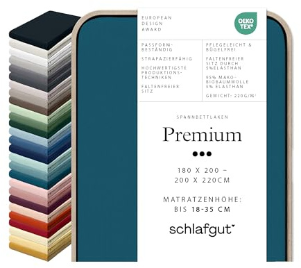 Schlafgut Premium Spannbettlaken 95% Mako Bio Baumwolle & 5% Elasthan Made in Green by Oeko Tex (180x200cm bis 200x220cm Matratzenhöhe von 18 bis 35 cm, Petrol Deep)