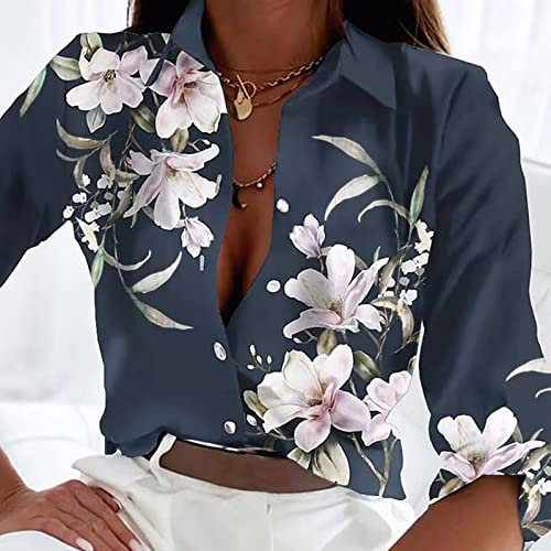 Briskorry Bluse Damen Elegant Langarm Streifenbluse Hemden mit Knöpfen Casual Büro Arbeit Blusen Blumenmuster Tunika Hemd Oberteile Tops
