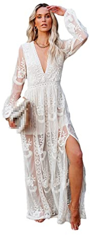ERFMFKL Robe longue pour femme à col en V et manches longues avec volants, robe bohème en dentelle avec découpes pour dames, blanc, M