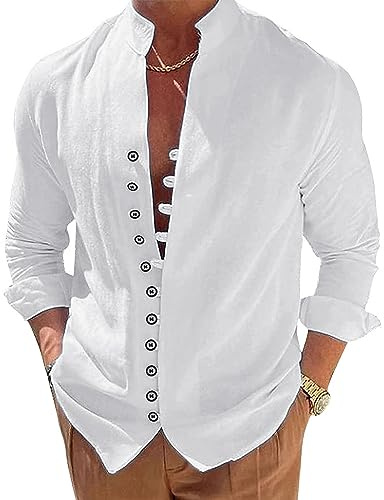 NANAMEEI Chemise en Lin pour Homme Manches Longues Chemise Décontractée Col Mao Boutonné Chemises de Plage Eté