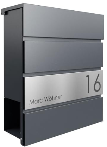 Briefkasten Manufaktur Design Briefkasten Kant Edition mit Zeitungsfach - Elegance 1 individuell mit Ihrem Namen & Hausnummer (RAL 7016 anthrazitgrau)