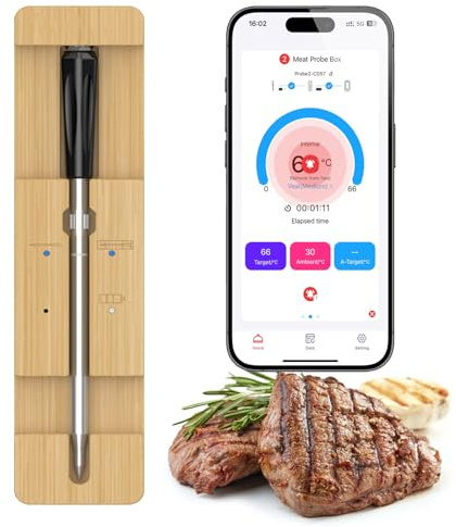 Termómetro de Carne Inalámbrico,50M Termómetro de Cocina Con Bluetooth,Termómetro de Barbacoa Impermeable IPX7 para Monitoreo Remoto Cocina Termómetro de Cocina Inteligente para Parrilla, Horno