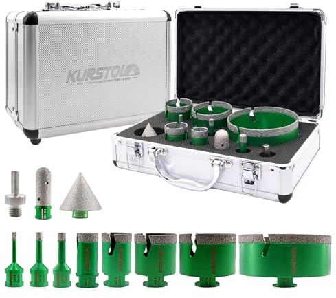 KURSTOL Punte Diamantate Gres Porcellanato 11 Pezzi - 6/8/10/25/35/50/68/110mm+20mm Fresa+50mm Punte Smusso+Adattatore per Porcellana Piastrelle Ceramica Marmo Granito