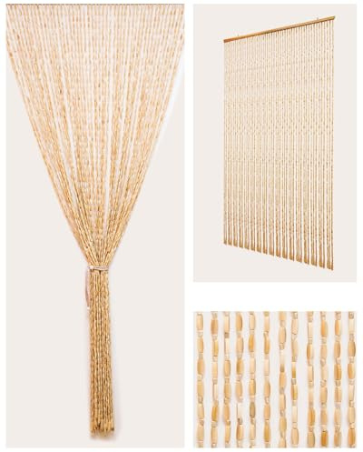 Erfolkerz 52 Strands Beaded Curtain for Doorways -35.4x79- Handmade Natural Beaded Curtains，Boho Doorway Wood and Bamboo Bead Curtain-As Insect Screen/Room Divider-Beige