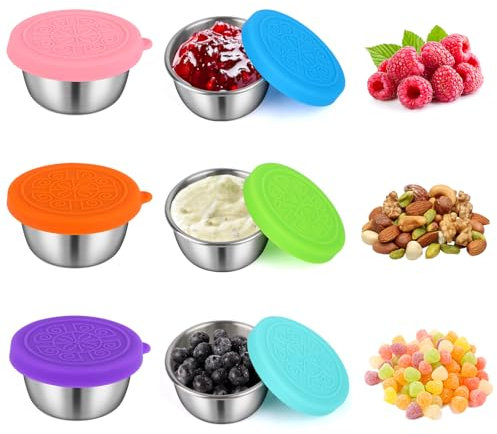 VFANDV 6 Pièces Récipient à Vinaigrette Tasses à Sauce, 50ML Récipient Vinaigrette avec Couvercles en Siliconer Petit Récipient à Sauce en Acier Inoxydable pour Salades Condiments