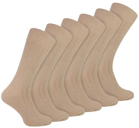 6 Pairs Multipack Mens Ribbed Dress Socks | Sock Snob | Breathable Crew Cotton Socks (6-11, Beige)