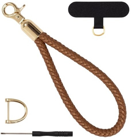 ALLZEDREAM flätad läder nyckelring bil nyckelring rep mobiltelefon handledsrem, Brun, 18cm