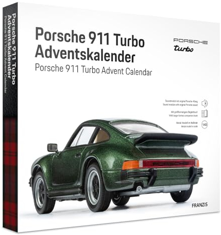 FRANZIS 67233 - Porsche 911 Turbo Adventskalender - Modellbausatz im Maßstab 1:43, inkl. Soundmodul und 52-seitigem Begleitbuch