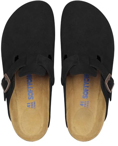 SOFTYOHO Clogs for Women Men, Mules with Arch Support and Adjustable Buckle, Suede Leather Cork Footbed Potato Shoes(Black,41)