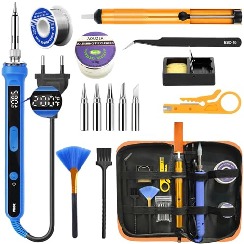 Soldador de Estaño 100W Kit LED Temperatura Ajustable 180-520 °C con Encendido/Apagado, 8g Limpiador de Puntas, 50g Alambre, 6 Puntas, Bomba de Desoldadura, Soporte, pinzas, 2 Cepillos