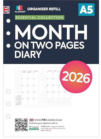 2026 A5 size Month on two pages organiser diary refill insert | January 2026 – December 2026 | Compatible with A5 size Filofax 6-ring organisers | Monday start | 148 x 210mm