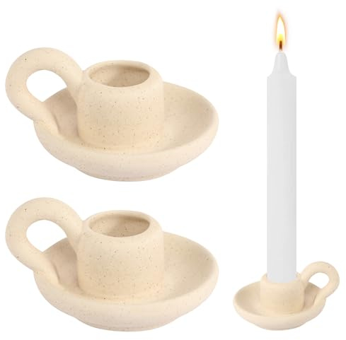 Portacandele in ceramica, set da 2 pezzi, portacandele in ceramica, stile nordico, con manico, per decorazione da tavolo, feste, matrimoni (beige)