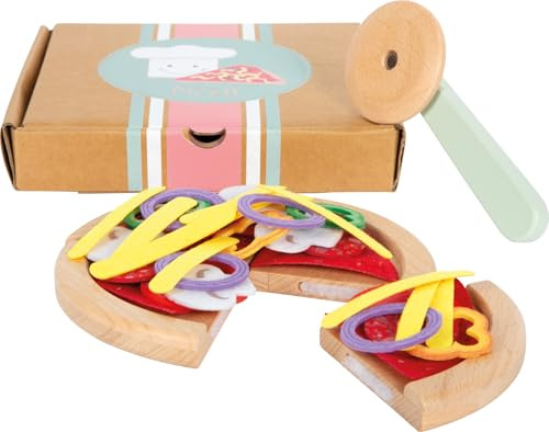 small Foot Pizza-Set aus Holz, Schneide-Pizza mit Pizzakarton und Belägen, Zubehör für die Kinderküche, Rollenspielzeug für Kinder ab 3 Jahren, 12697, Kindergerecht