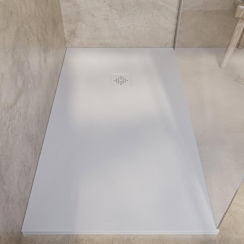 SOULBATH Plato de Ducha - Resina - Gel Coat - Textura Liso/Piedra - Antideslizante - Color Blanco Roto - 90X70- Extraplano 3cm. Incluye Válvula de desagüe - REJILLA MISMO COLOR