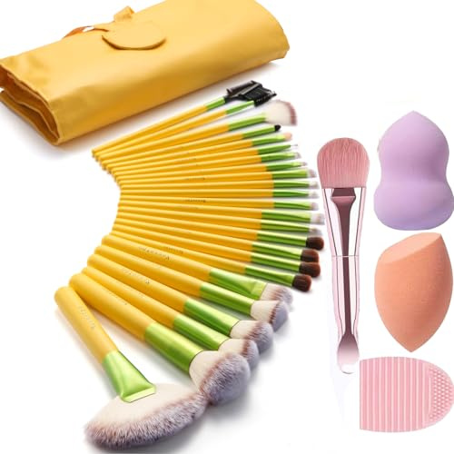 28PCS Makeup Brush Set, Quality Makeup Brushes for Women, Brush Set Make Up for Beginner Starter Professional,Brush Set with Blenders Masks Spatula,Travel-Friendly Makeup Case, The Green Orange