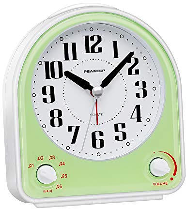 Peakeep Analog Alarm Clock Non-Ticking Silent, Optional 7 Wake-up Sounds with Volume Control, Nightlight and Snooze, AA Battery Operated (Green)