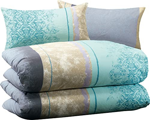 Erwin Müller Flanell-Bettwäsche4-tlg. Sparpaket, gemusterte Streifen Mint-Silber Größe 40x80 cm / 135x220 cm - samtweich, temperaturausgleichend, mit praktischem Reißverschluss