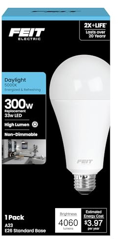Feit Electric A23 LED Light Bulb, 300W Equivalent, Non-Dimmable, 4060 Lumens, E26 Standard Base, 5000k Daylight, 80 CRI, High Output LED Bulb, Damp Rated, 22 Year Lifetime, OM300/850/LED
