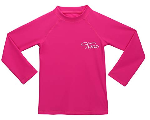 TIZAX T-Shirt de Bain Anti-UV pour Enfants Filles Maillot de Bain à Manche Longue Filles Rashguard pour Surf Natation plongée Plage UPF 50+ Protection Solaire Rose Rouge 152