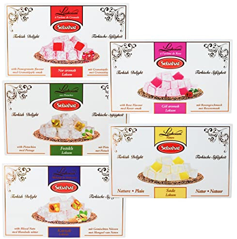 Sebahat - Turkish Delight Lokum 5er Set - Türkischer Honig mit Granatapfel, Rose, Natur, gemischten Nüssen und Pistazien im Set, 4x 500 g 1x Rose 400 g