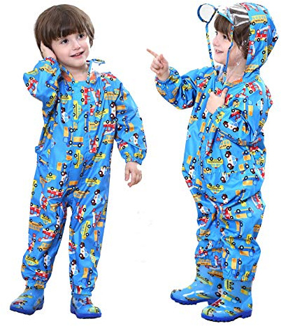 Baogaier Impermeables para Bebé Niños Chubasqueros Chaquetas Capa de Lluvia Encapuchado Mono de Bolsillo Autobús Reflectante Abrigos Impermeables 1-3 años - Azul