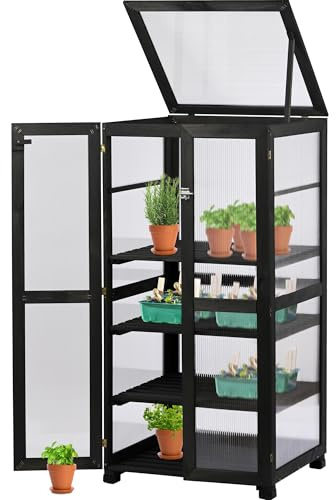 dobar® Großer Anzuchtschrank Dome aus Holz - Gewächshaus mit 4 Ablagen für Innen- und Außenbereich - Treibhaus mit Deckel und Türen - 56 x 52 x 116 cm - Anthrazit