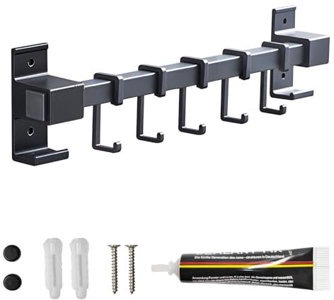 Global-Daily Utensil Holder Wall Mounted,Kitchen Rail with 5 Hooks for Hanging Mug,Cup,Pots,Pans,Scissors, Black (30cm)