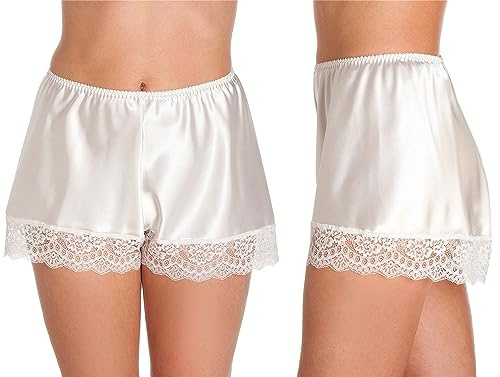 French Knickers Women, Comfy Satin Shorts Silk PJs for women, Intimate Womens Nightwear Sexy Knickers, Sizes 10 to 28 Plus Size Lingerie UK(Ivory,14-16)